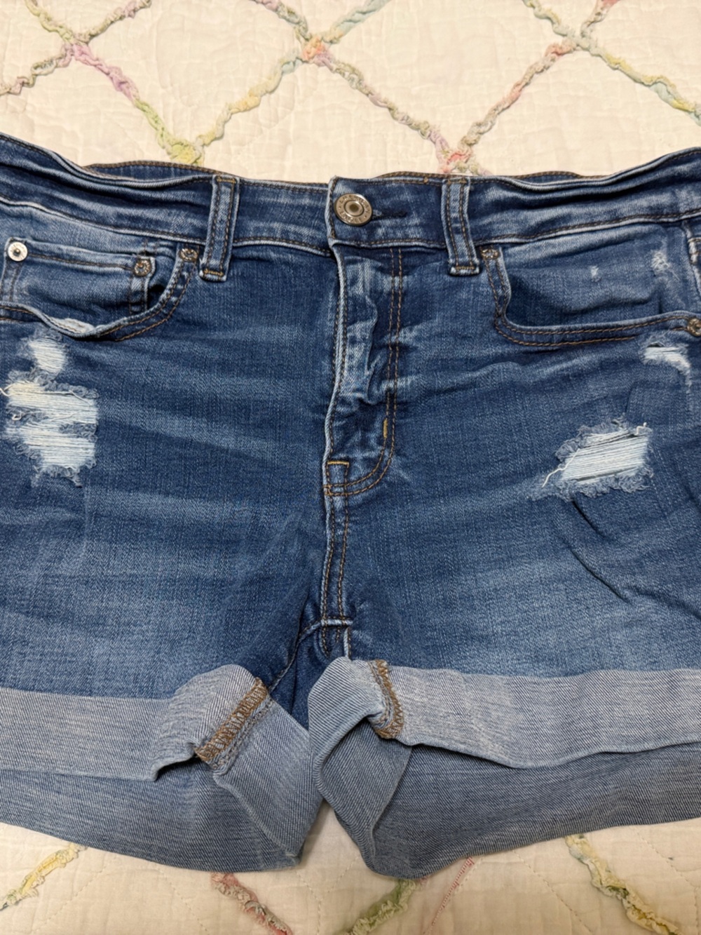 American Eagle Outfitters Distressed Dark Blue Denim Roll-Cuff Shorts